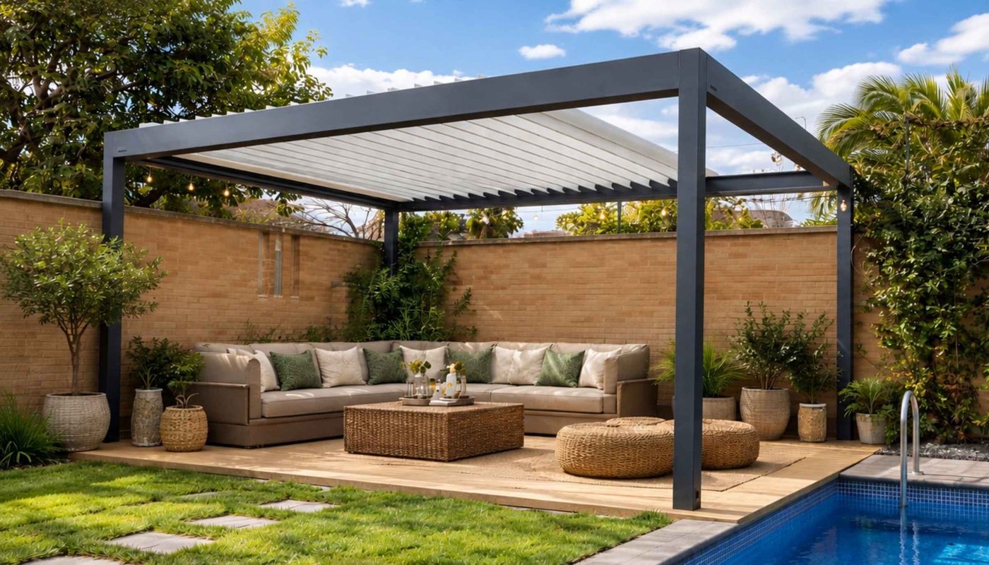 Tarima de composite imitación madera marrón con cortina de cristal y drenaje de grava
