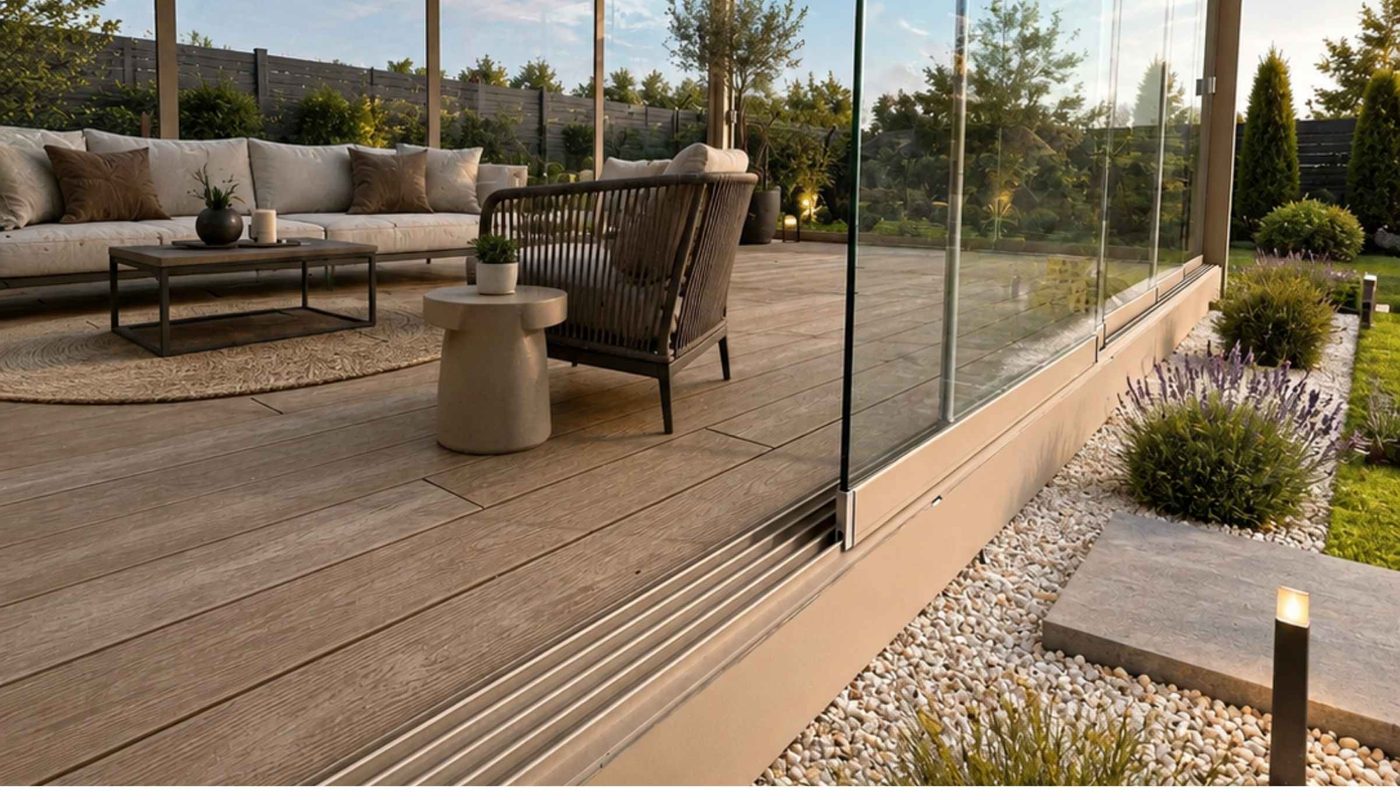 Tarima composite bajo pérgola bioclimática en zona de piscina